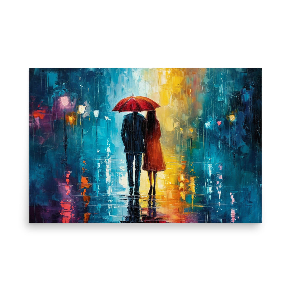 Couple of lovers under the rain at night sharing an umbrella - Poster