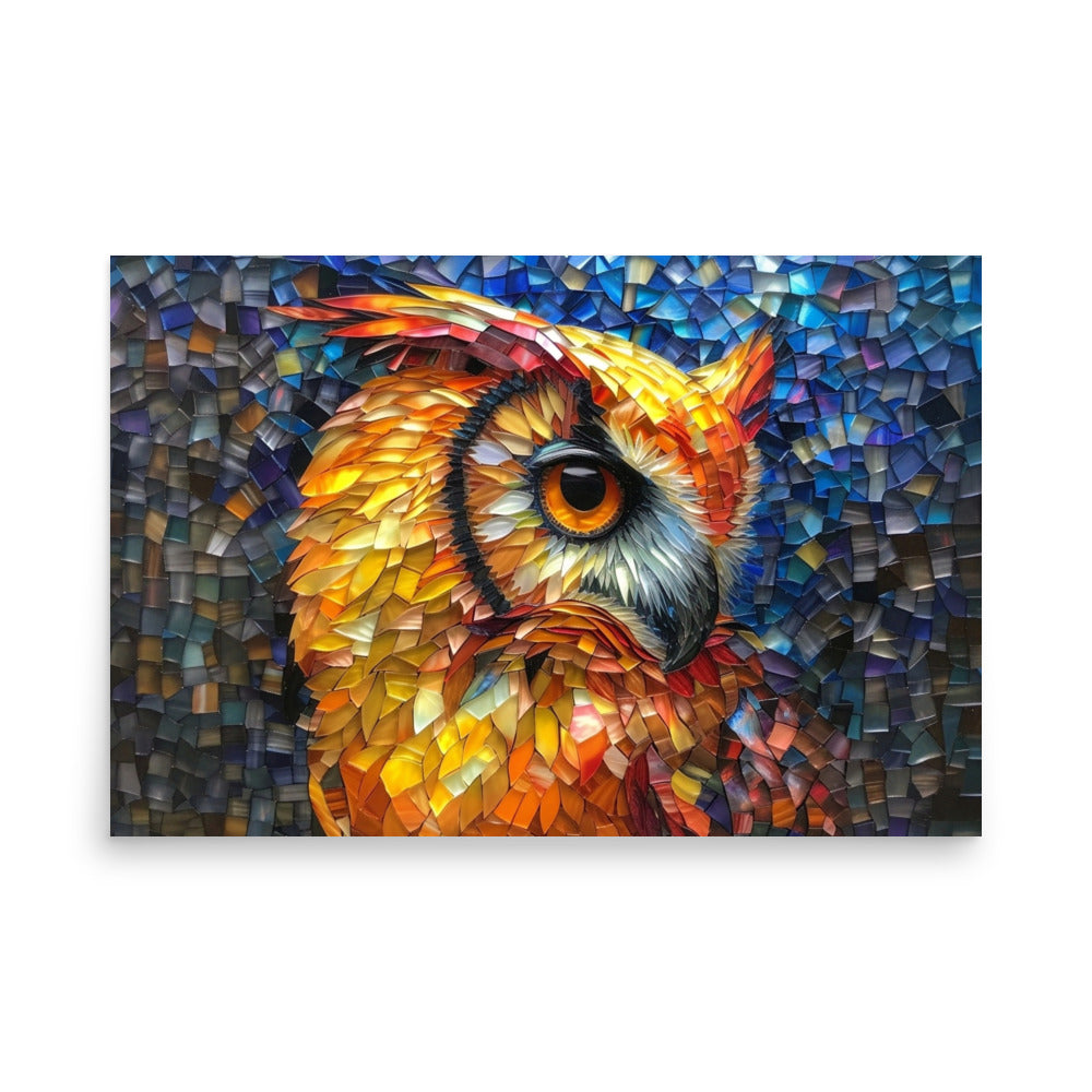 Magnifique portrait de hibou orange dans un style vitrail - Affiche