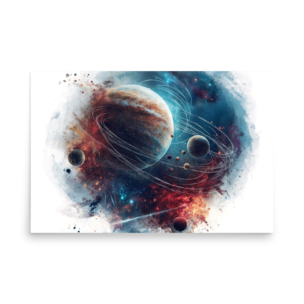 Watercolor space scene with gas giant planet, moons and stars - Poster