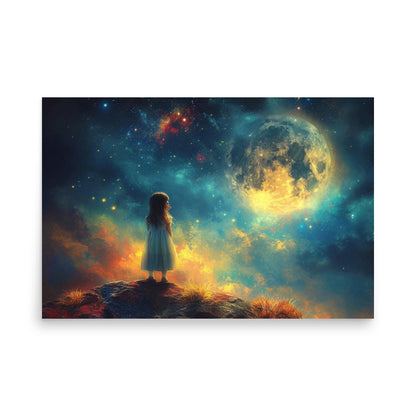 Petite fille souhaitant sous les étoiles et la pleine lune - Affiche