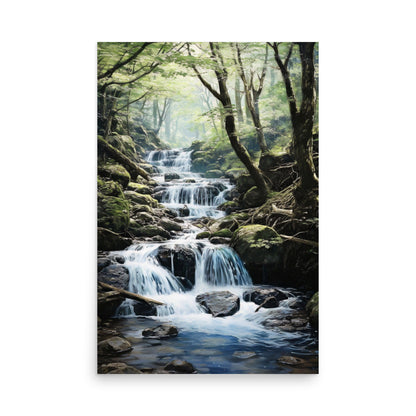 Forêt luxuriante et ruisseau d'eau Affiche