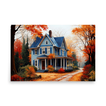 Maison de campagne bleue en automne Affiche