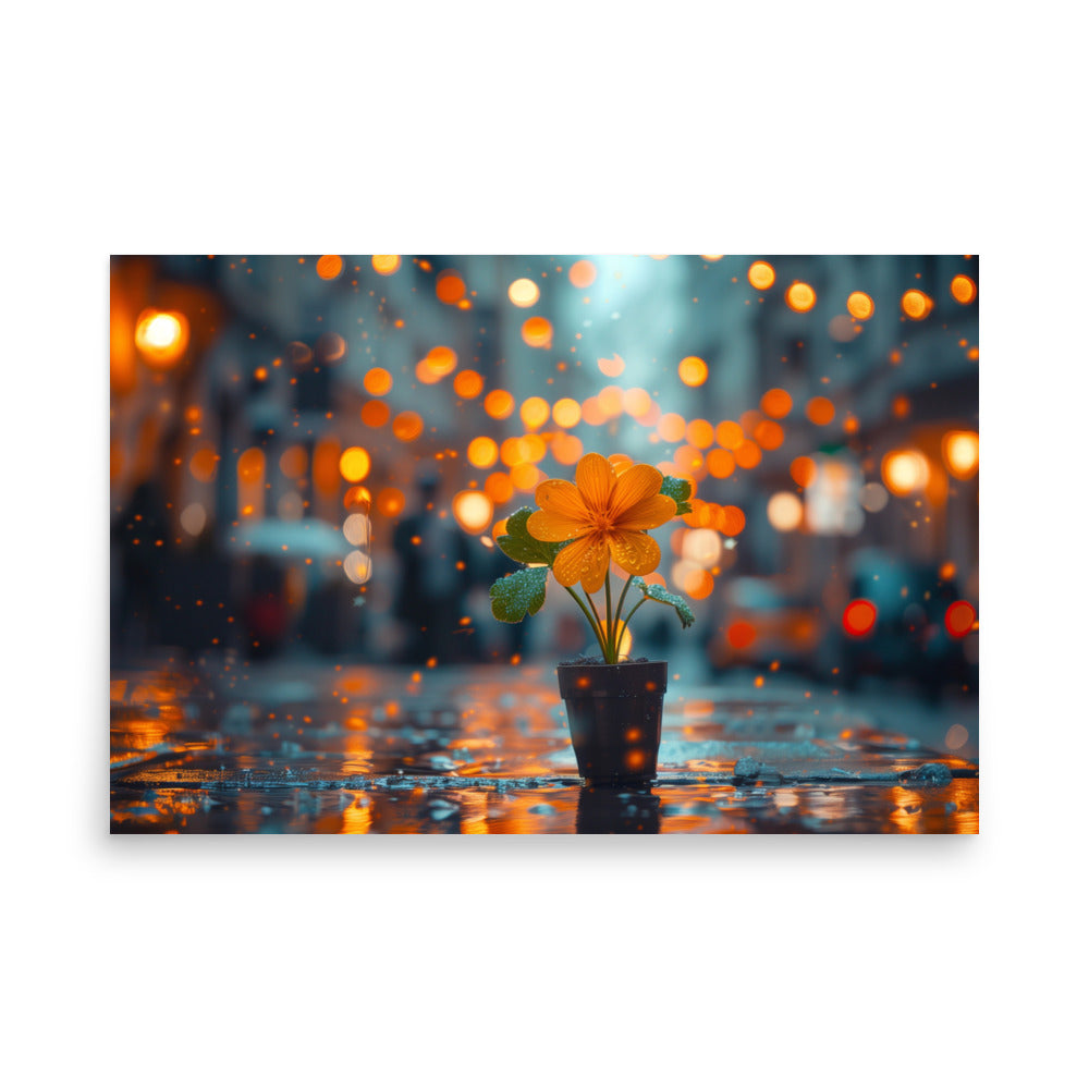 Orange flower under the rain Poster