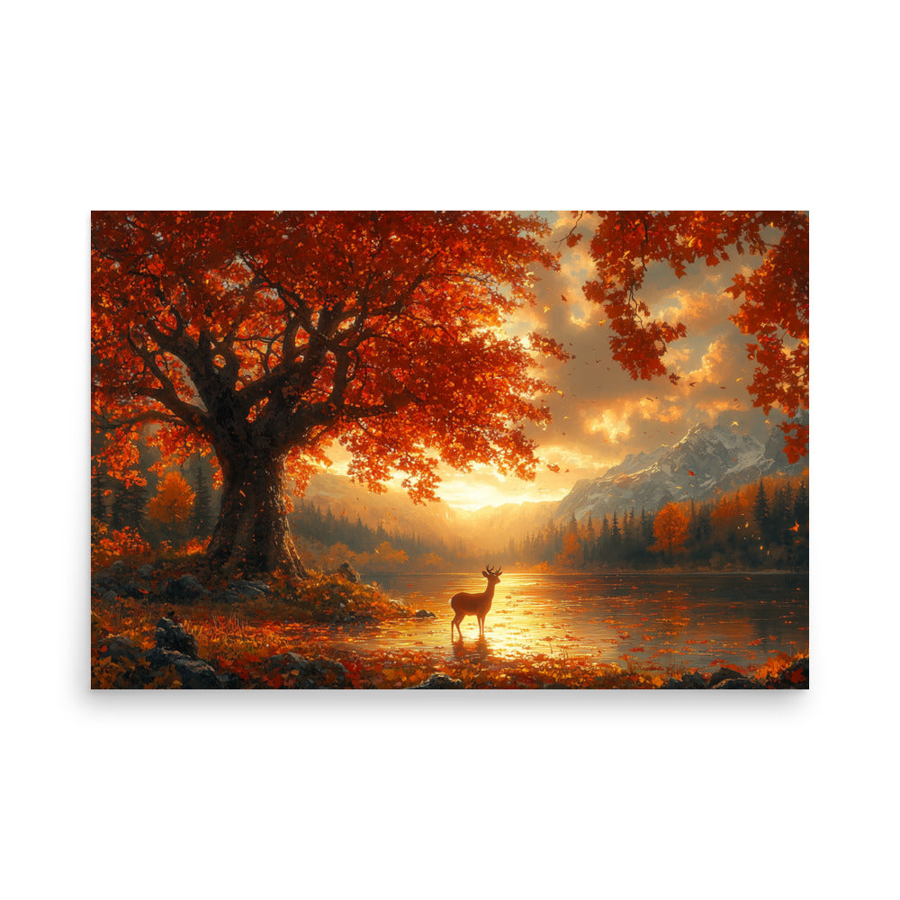 Autumn oak deer lake dawn Poster