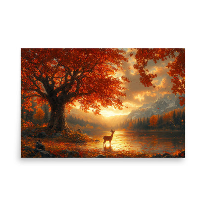 Autumn oak deer lake dawn Poster