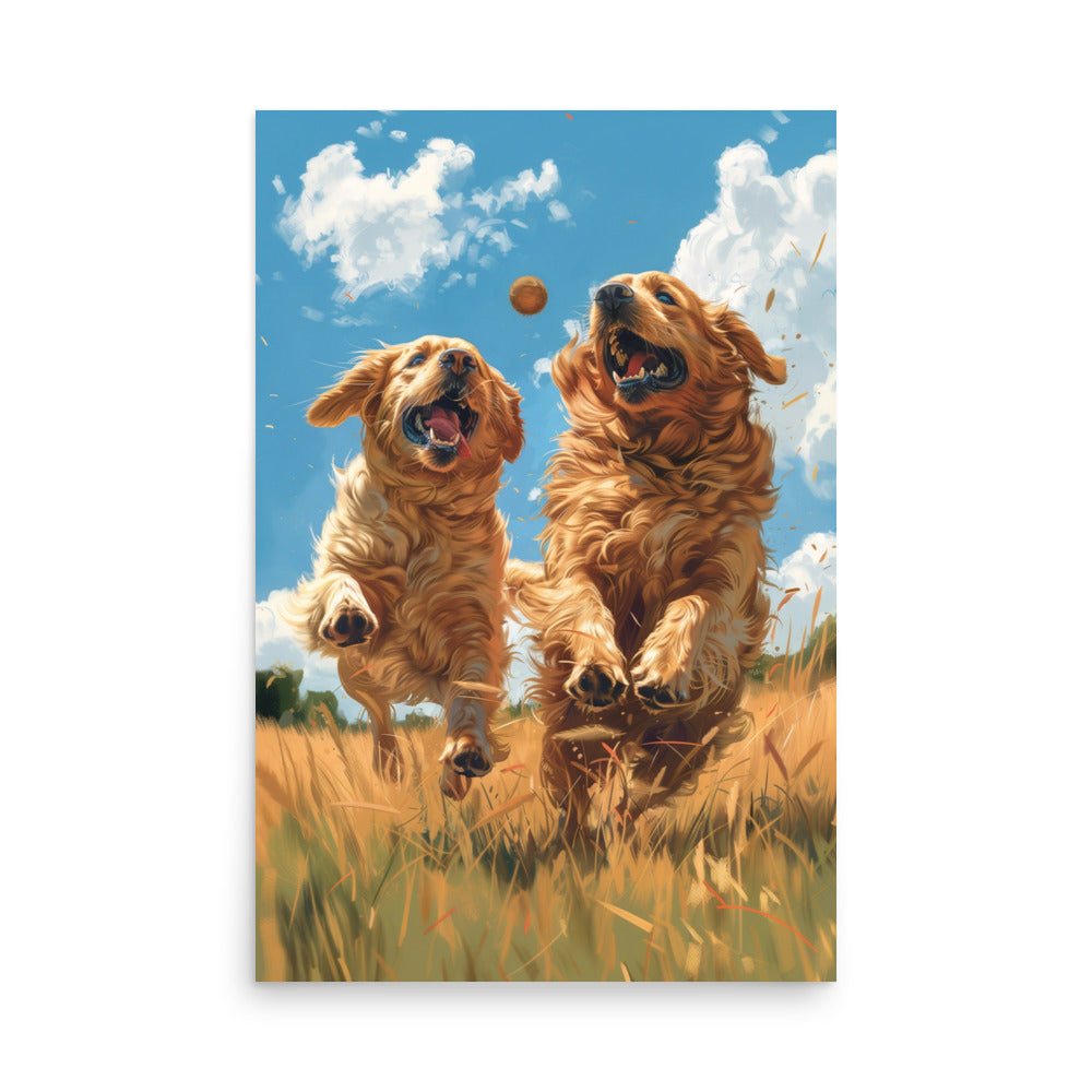 Two golden retriever dogs playing in a field Poster