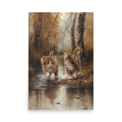 Two tabby kittens exploring the forest Poster