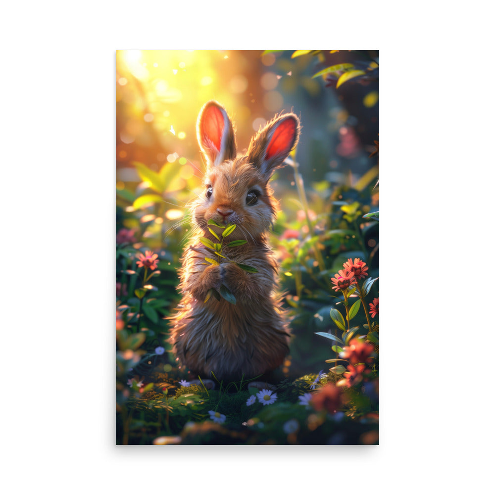 Brown cartoon rabbit lush forest Poster