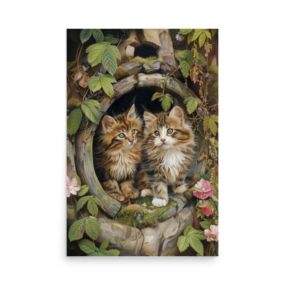 Two tabby kittens in a wooden pipe Poster