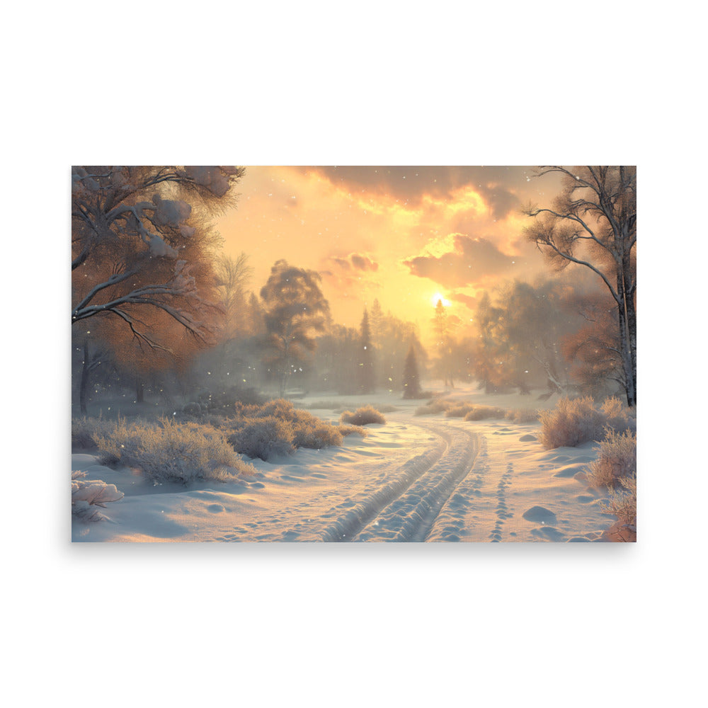 Snowy road at dawn Poster