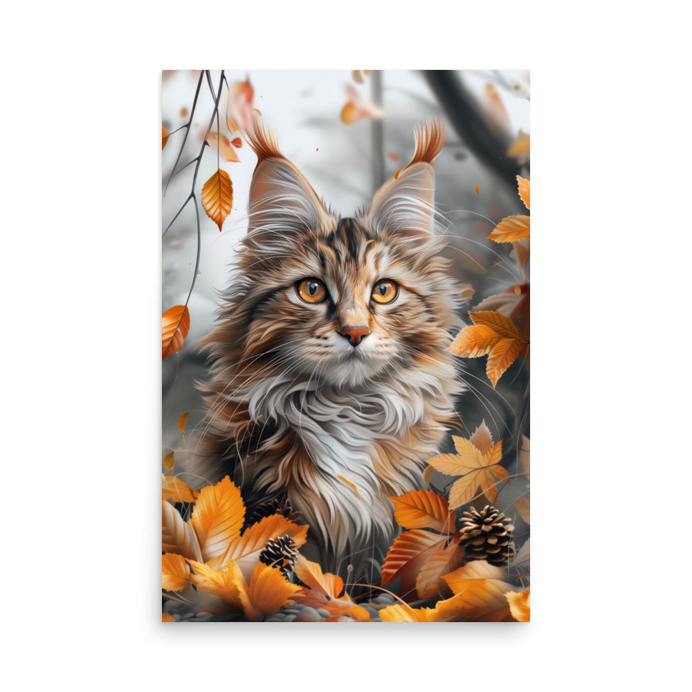 Portrait de chat Maine coon dans les feuilles d'automne Affiche