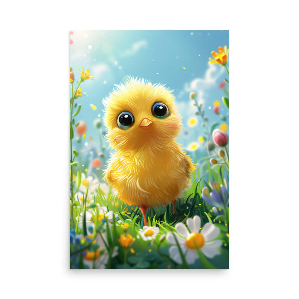 Cartoon yellow chick in summer field Poster