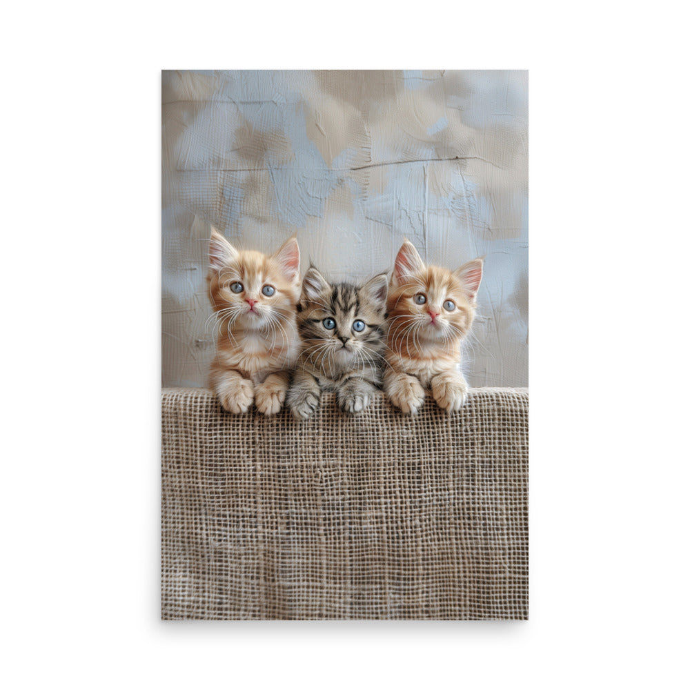 Trio de chatons sur une clôture en jute Affiche