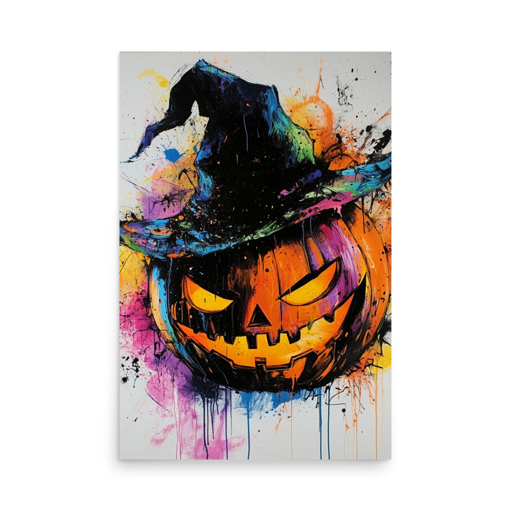 Vibrant Halloween Jack-O'-Lantern Colorful Witch Hat Pumpkin Poster