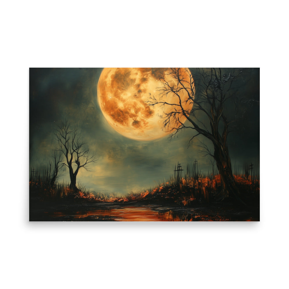 Haunted Full Moon – Spooky Landscape with Reflections Poster