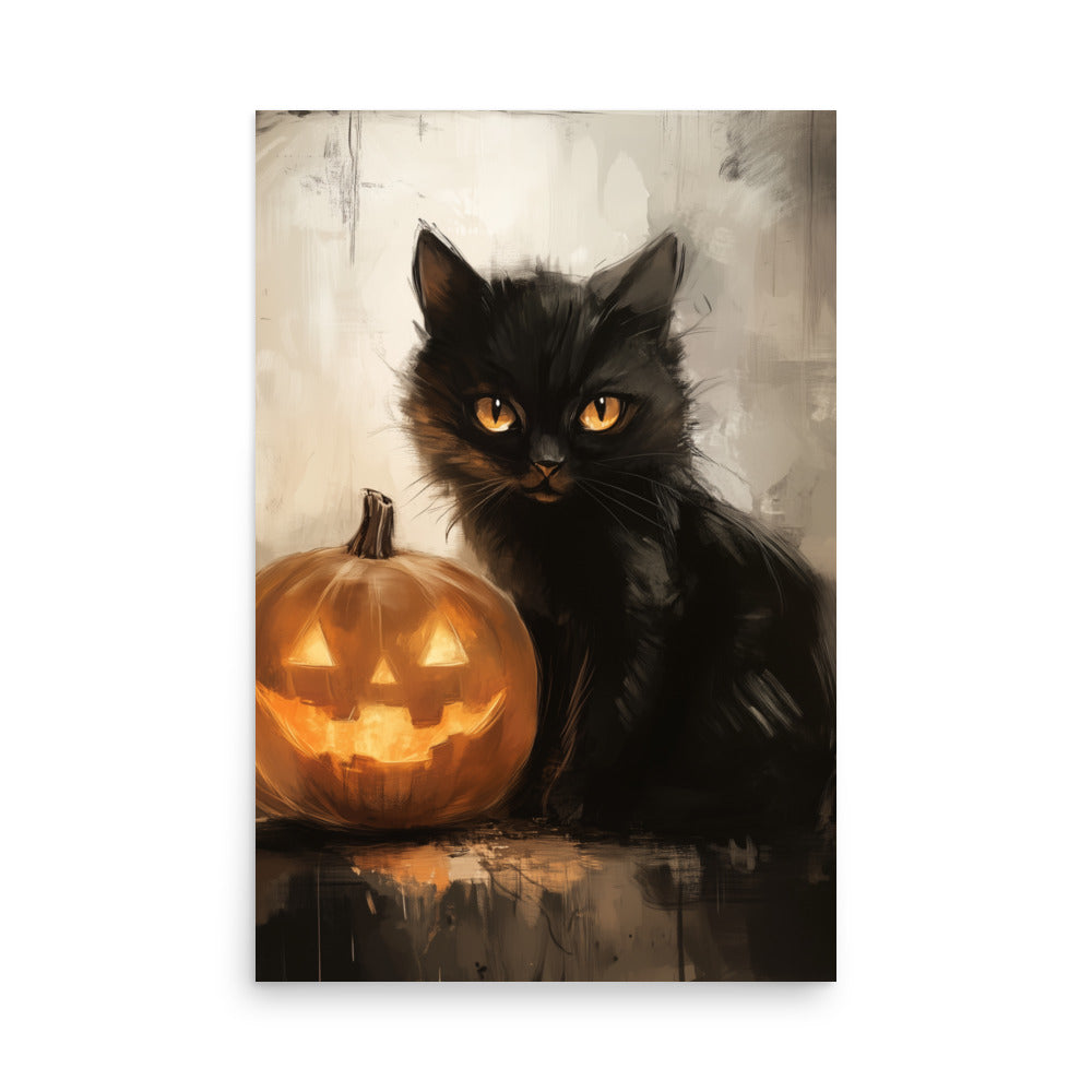 Black Cat and Pumpkin Halloween Portrait Poster