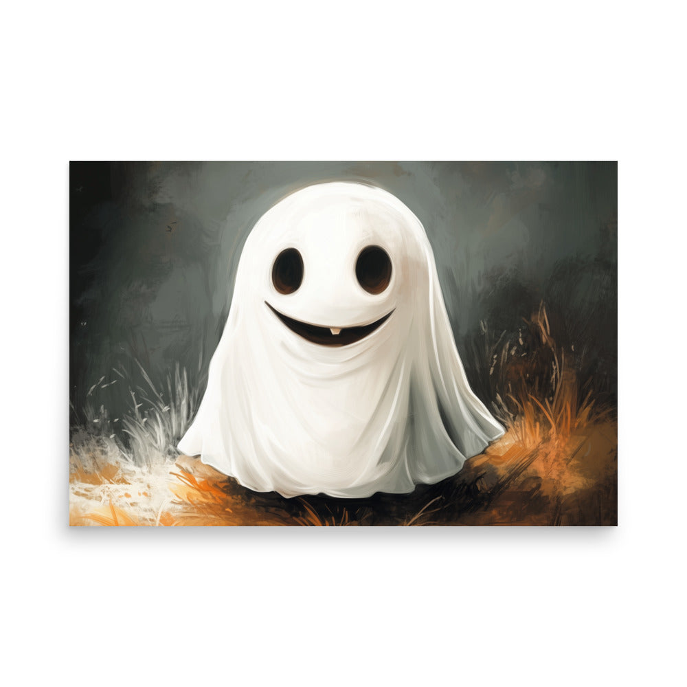 Cute Smiling Ghost in Yellow Grass Poster