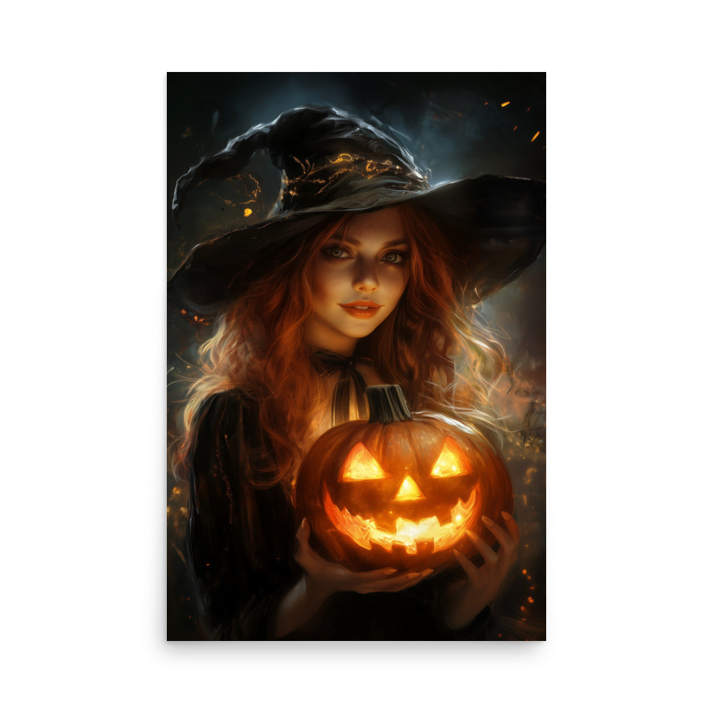 Beautiful Redhead Witch Holding Carved Pumpkin Poster