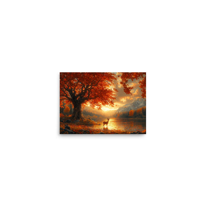 Autumn oak deer lake dawn Poster