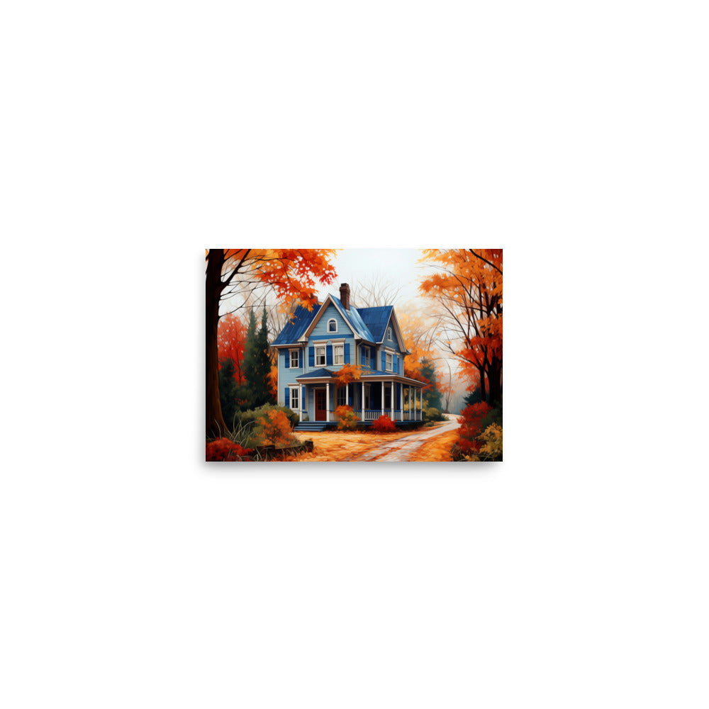 Maison de campagne bleue en automne Affiche