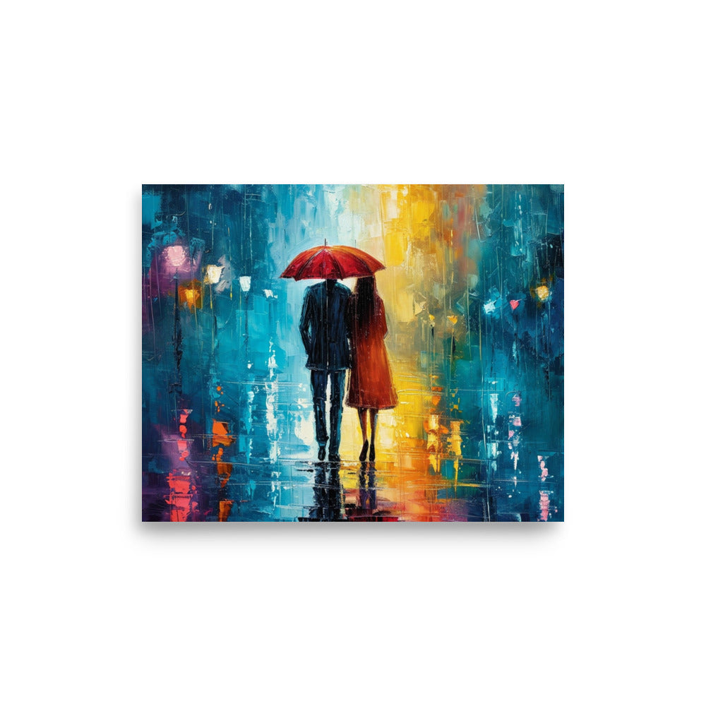 Couple of lovers under the rain at night sharing an umbrella - Poster