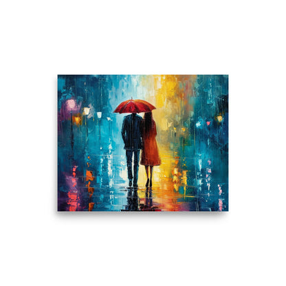 Couple d'amoureux sous la pluie la nuit partageant un parapluie - Affiche