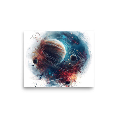 Watercolor space scene with gas giant planet, moons and stars - Poster