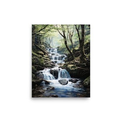 Forêt luxuriante et ruisseau d'eau Affiche