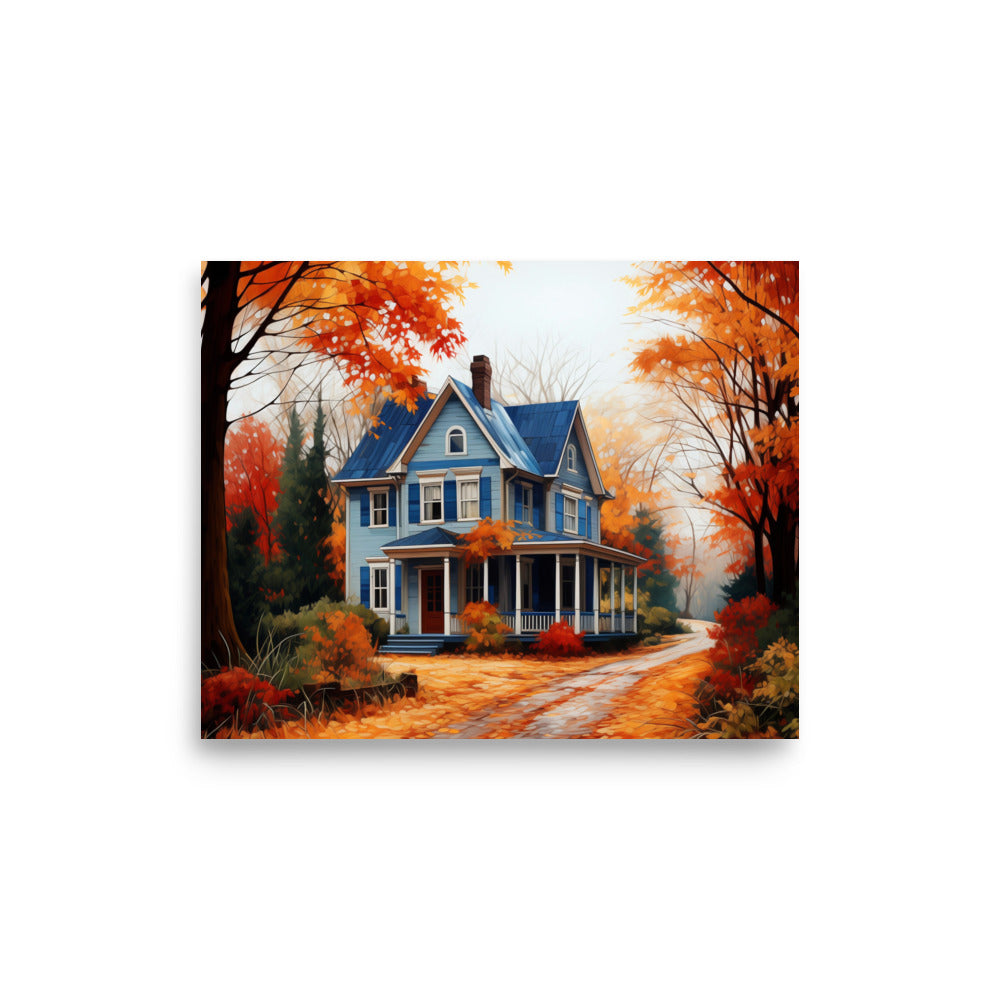 Maison de campagne bleue en automne Affiche