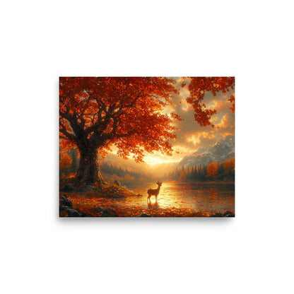 Autumn oak deer lake dawn Poster