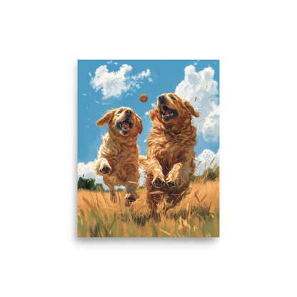 Two golden retriever dogs playing in a field Poster