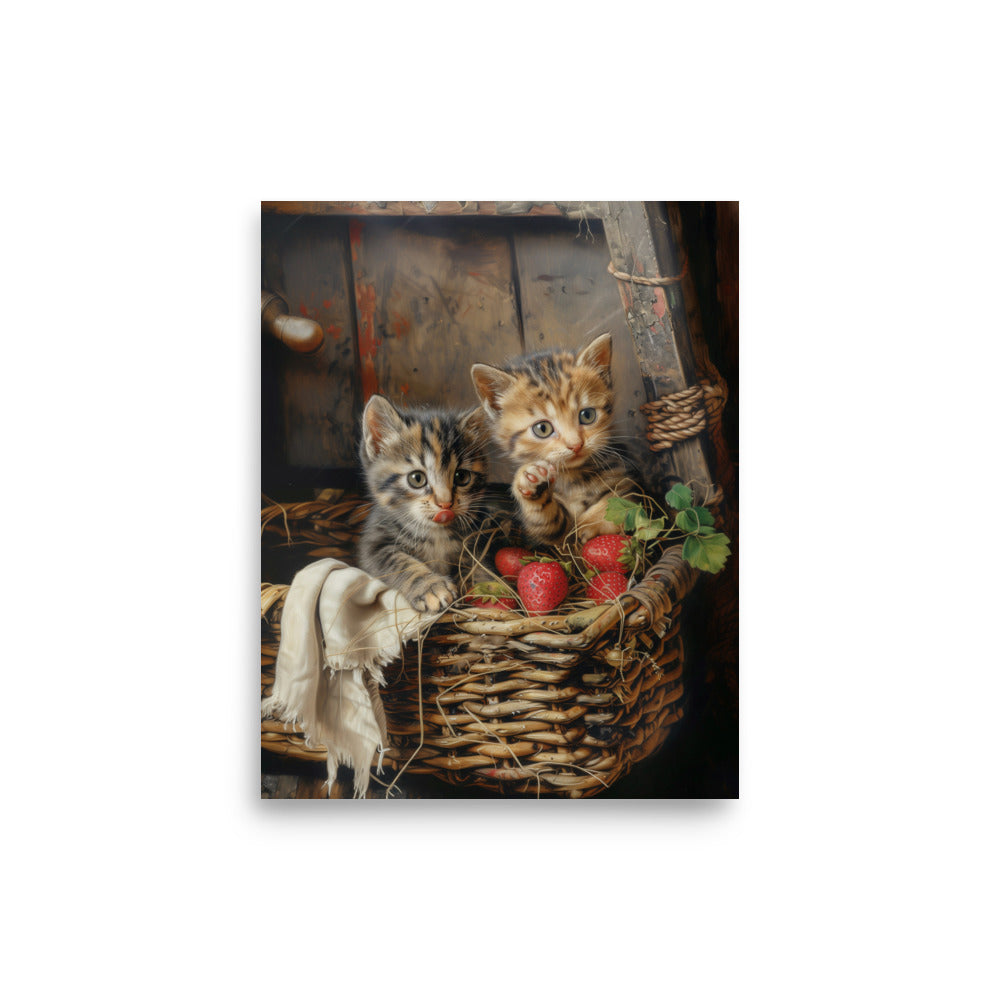 Chatons dans un panier en osier et des fraises Affiche