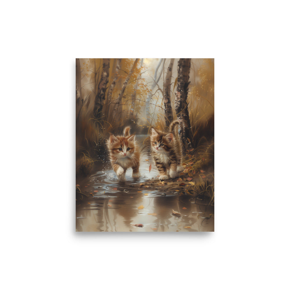 Two tabby kittens exploring the forest Poster