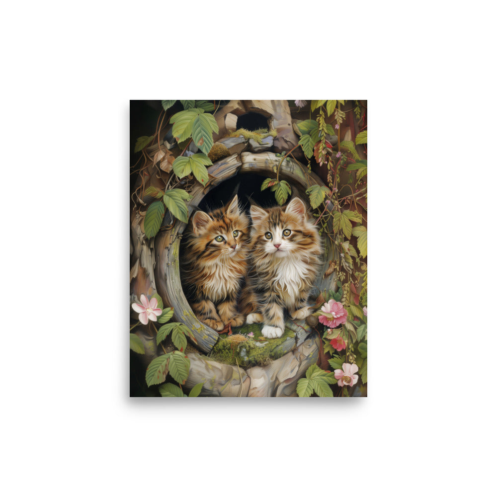 Two tabby kittens in a wooden pipe Poster