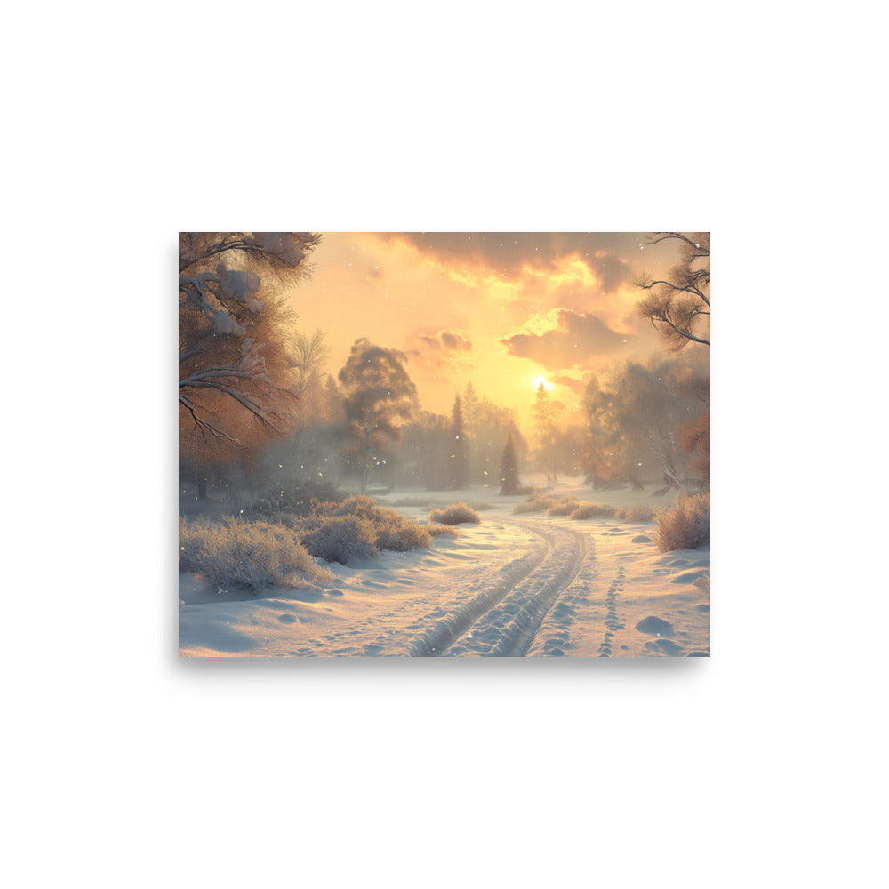 Snowy road at dawn Poster