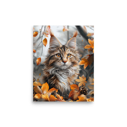 Portrait de chat Maine coon dans les feuilles d'automne Affiche