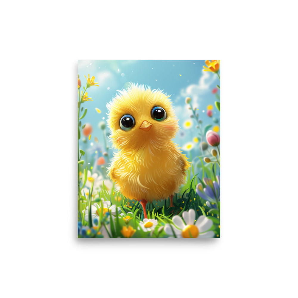 Cartoon yellow chick in summer field Poster