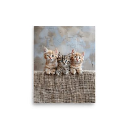 Trio de chatons sur une clôture en jute Affiche