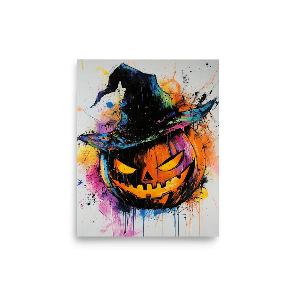 Vibrant Halloween Jack-O'-Lantern Colorful Witch Hat Pumpkin Poster