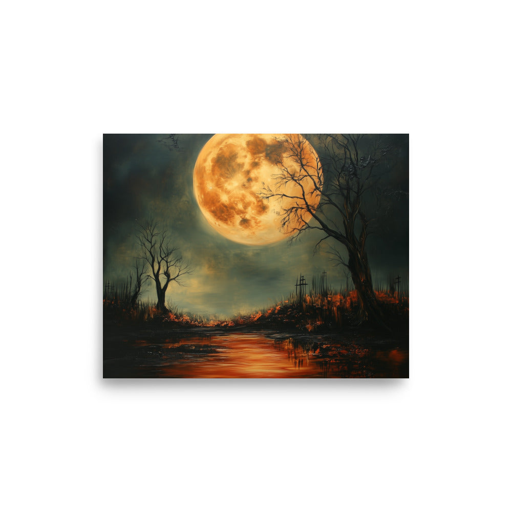 Haunted Full Moon – Spooky Landscape with Reflections Poster