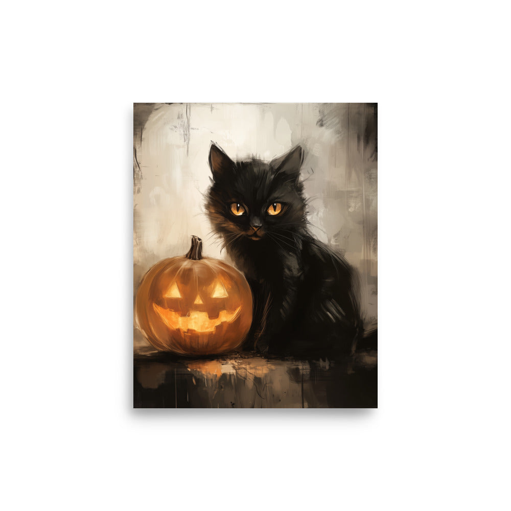 Black Cat and Pumpkin Halloween Portrait Poster