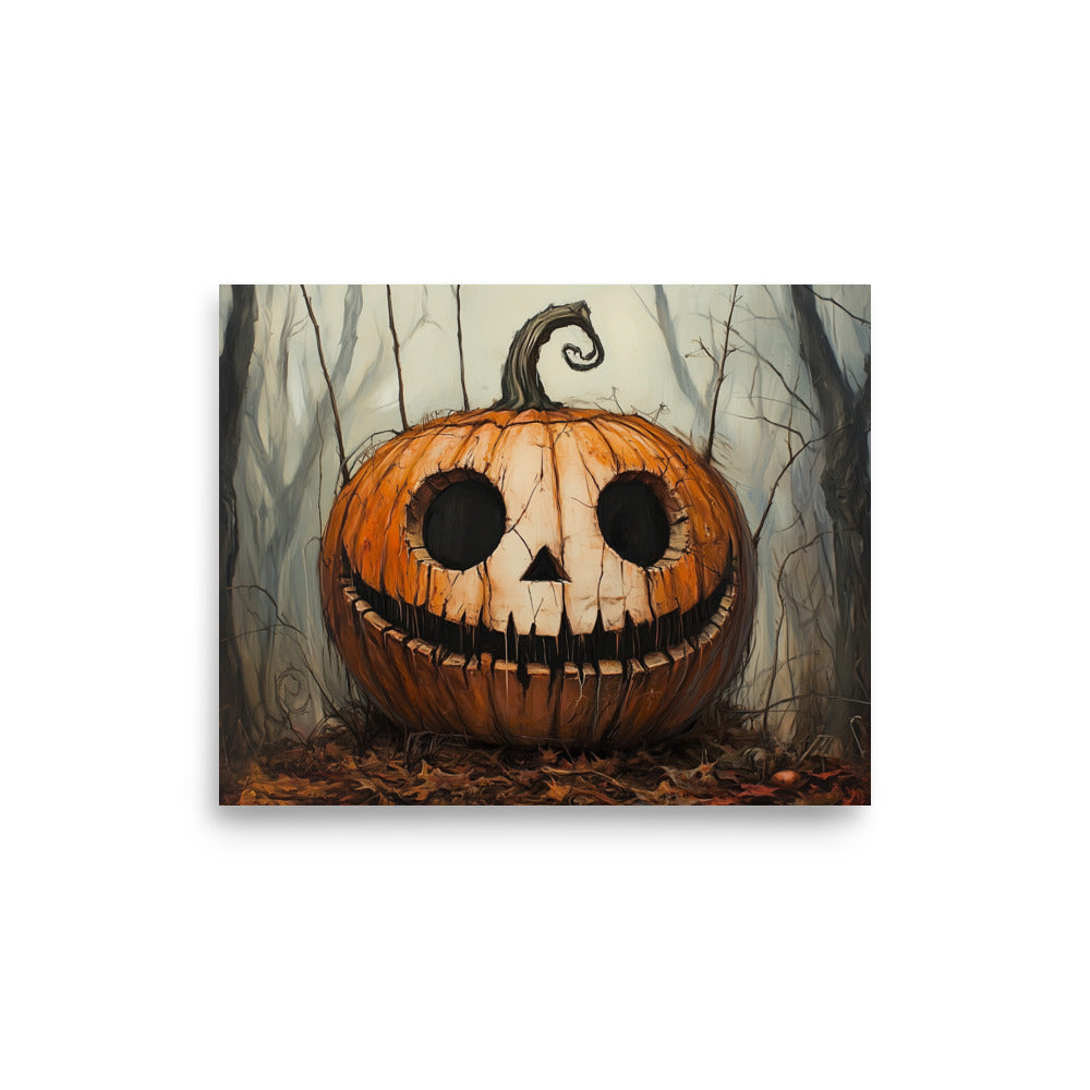 Creepy Smiling Pumpkin in Dark Forest Poster