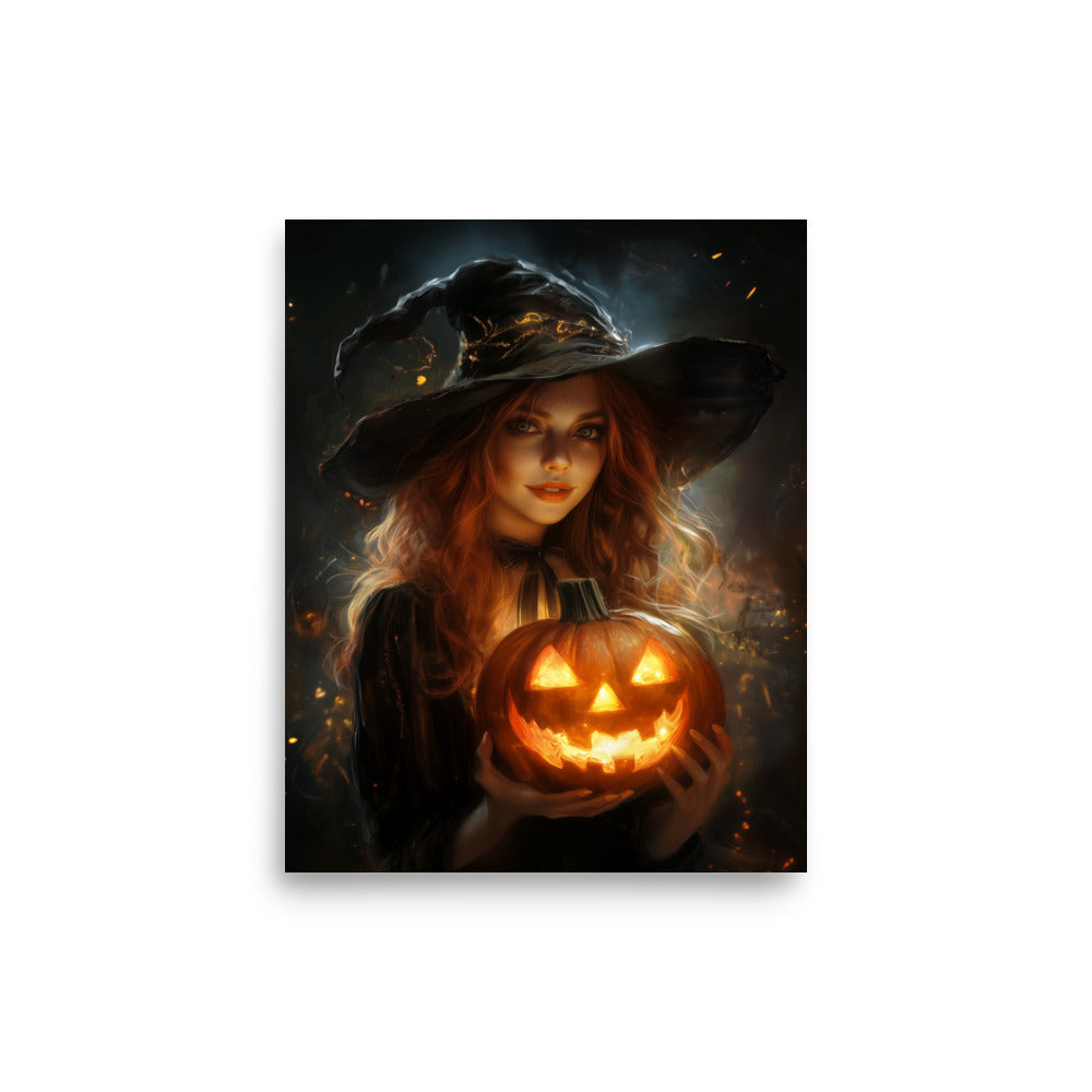 Beautiful Redhead Witch Holding Carved Pumpkin Poster