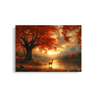 Autumn oak deer lake dawn Poster