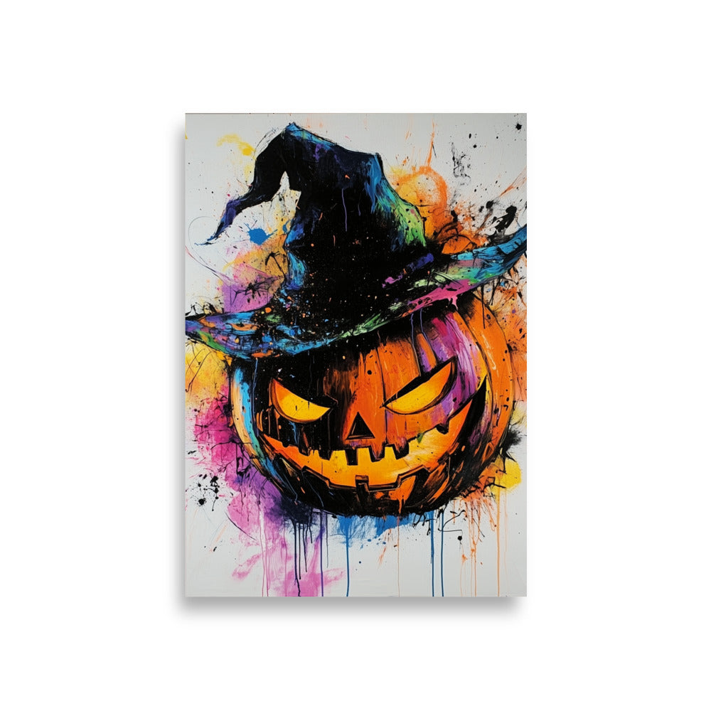 Vibrant Halloween Jack-O'-Lantern Colorful Witch Hat Pumpkin Poster