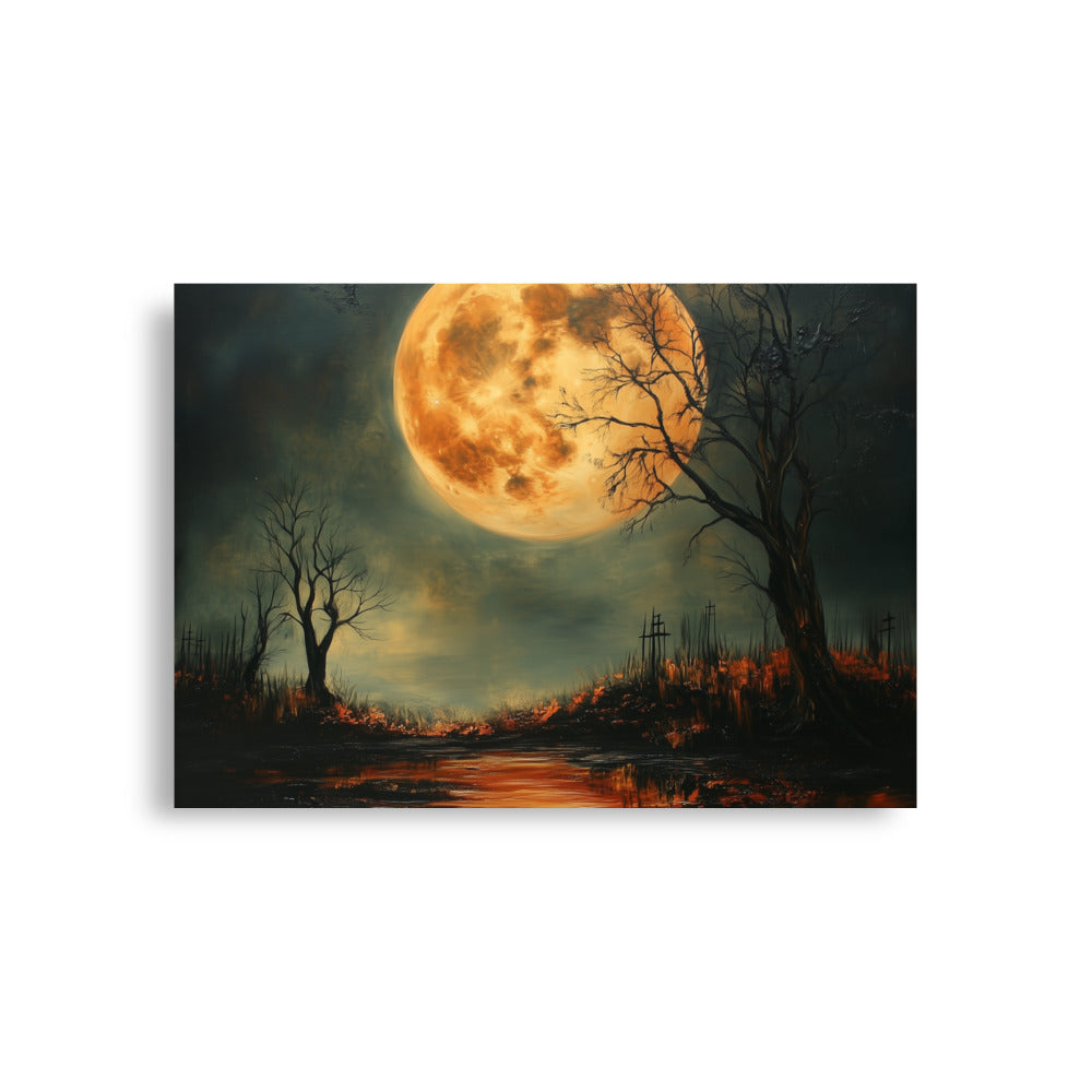 Haunted Full Moon – Spooky Landscape with Reflections Poster