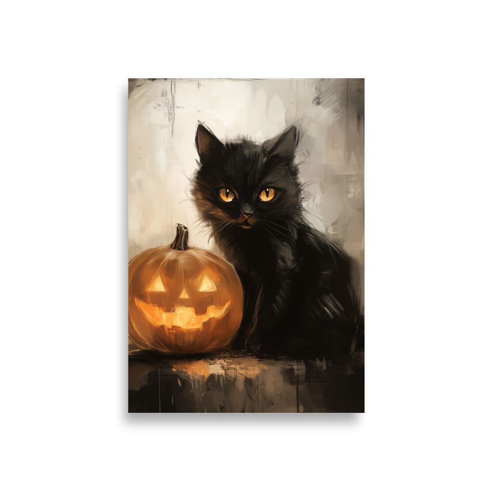 Black Cat and Pumpkin Halloween Portrait Poster