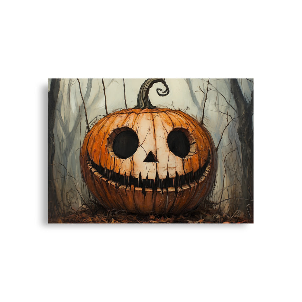 Creepy Smiling Pumpkin in Dark Forest Poster