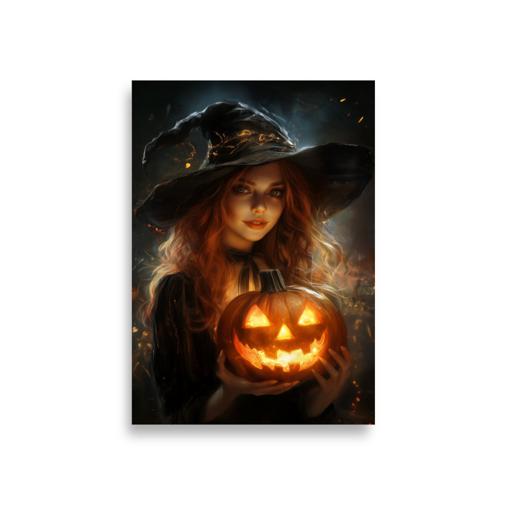 Beautiful Redhead Witch Holding Carved Pumpkin Poster