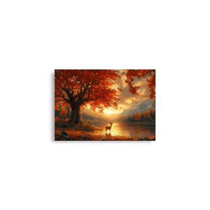 Autumn oak deer lake dawn Poster